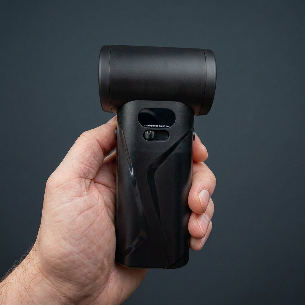 Close-up studio view of the AirBlaster Pro being held in hand, highlighting the digital display screen and power button on the back handle.