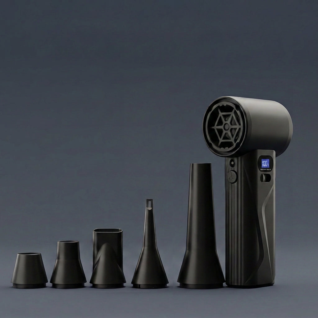 Studio product photograph of the AirBlaster Pro electric duster, a black, pistol-grip device with a digital display, lined up with four distinct black nozzle attachments against a dark grey background.