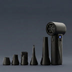 Studio product photograph of the AirBlaster Pro electric duster, a black, pistol-grip device with a digital display, lined up with four distinct black nozzle attachments against a dark grey background.