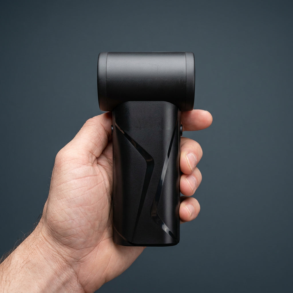 Studio photo showing the AirBlaster Pro electric duster held comfortably in a person's hand, displaying its compact size and side profile.