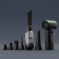The complete AirBlast Pro setup lined up, featuring the main cordless air duster unit with a digital display alongside all included blower nozzles and the transparent vacuum attachment.