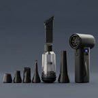 The complete AirBlast Pro setup lined up, featuring the main cordless air duster unit with a digital display alongside all included blower nozzles and the transparent vacuum attachment.