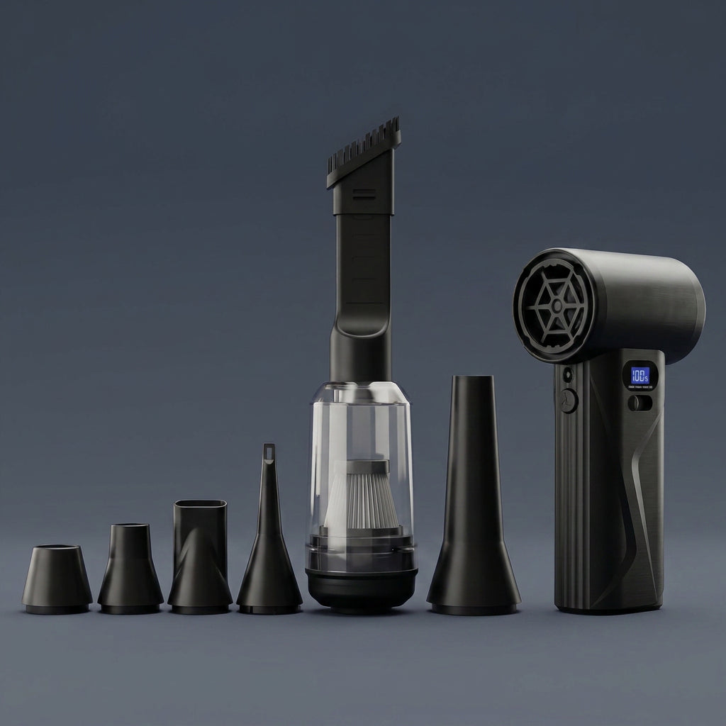The complete AirBlast Pro setup lined up, featuring the main cordless air duster unit with a digital display alongside all included blower nozzles and the transparent vacuum attachment.