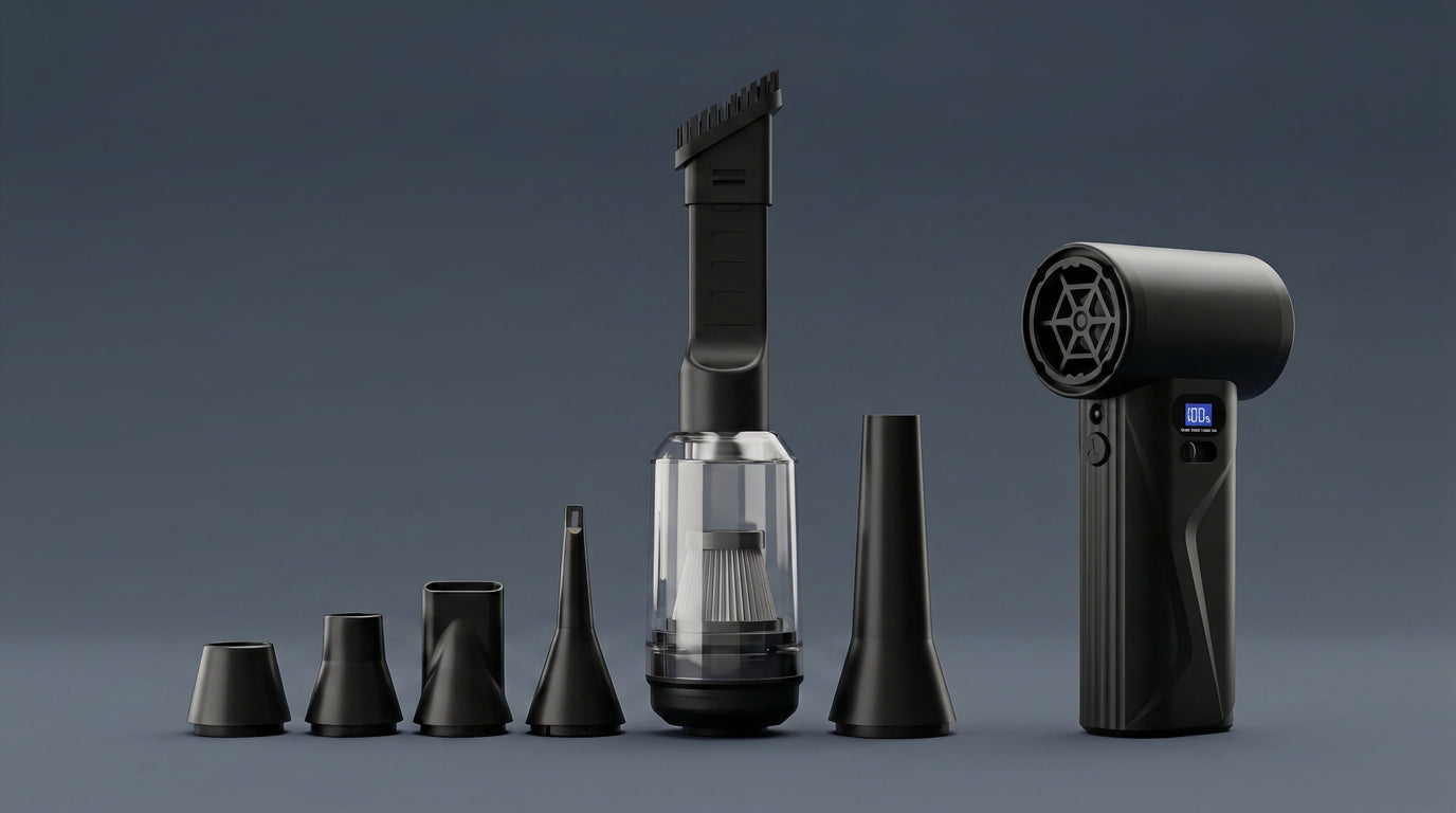 A wide view of the complete AirBlast Pro cordless air duster and vacuum setup, displaying the main unit alongside all included nozzle attachments.