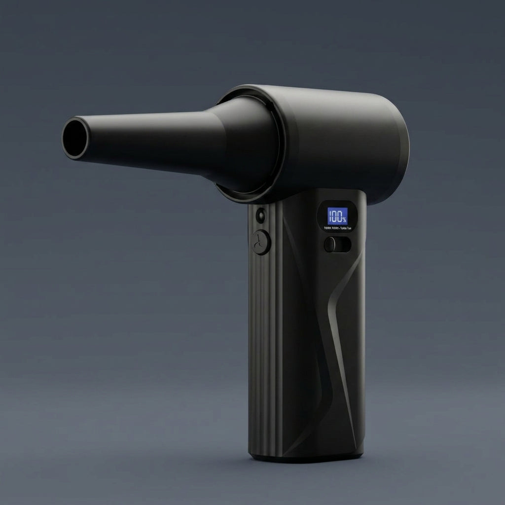 The matte black AirBlast Pro cordless air duster featuring the tapered high-pressure nozzle attachment, designed to concentrate airflow for maximum blowing force.