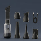 All included accessories for the AirBlast Pro, featuring a transparent vacuum dust bin with filter, multiple blower nozzles including a brush attachment, and a USB-C charging cable.