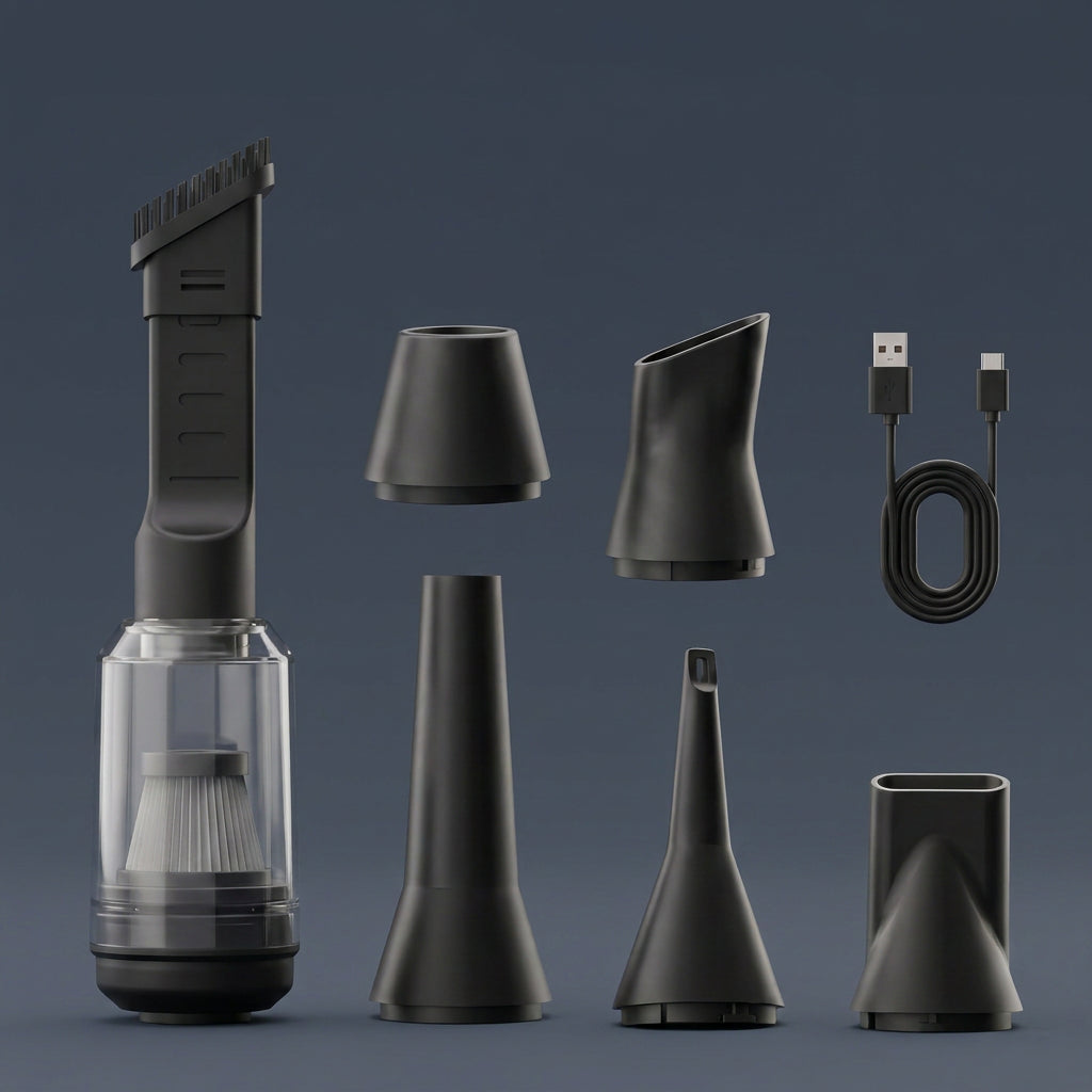 All included accessories for the AirBlast Pro, featuring a transparent vacuum dust bin with filter, multiple blower nozzles including a brush attachment, and a USB-C charging cable.