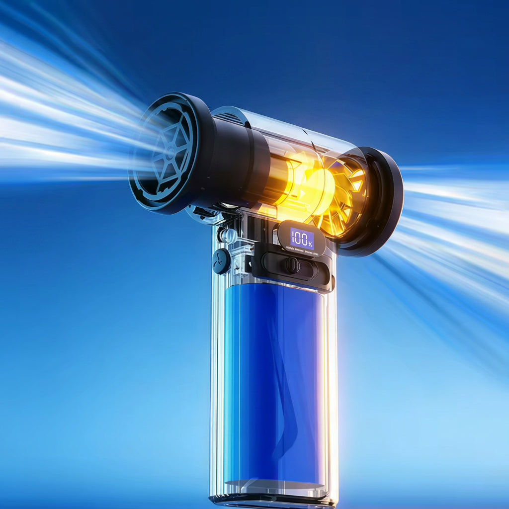 A transparent 3D render of the AirBlast Pro showcasing its internal engineering, featuring the powerful glowing turbine motor, large battery capacity in the handle, and strong airflow lines.