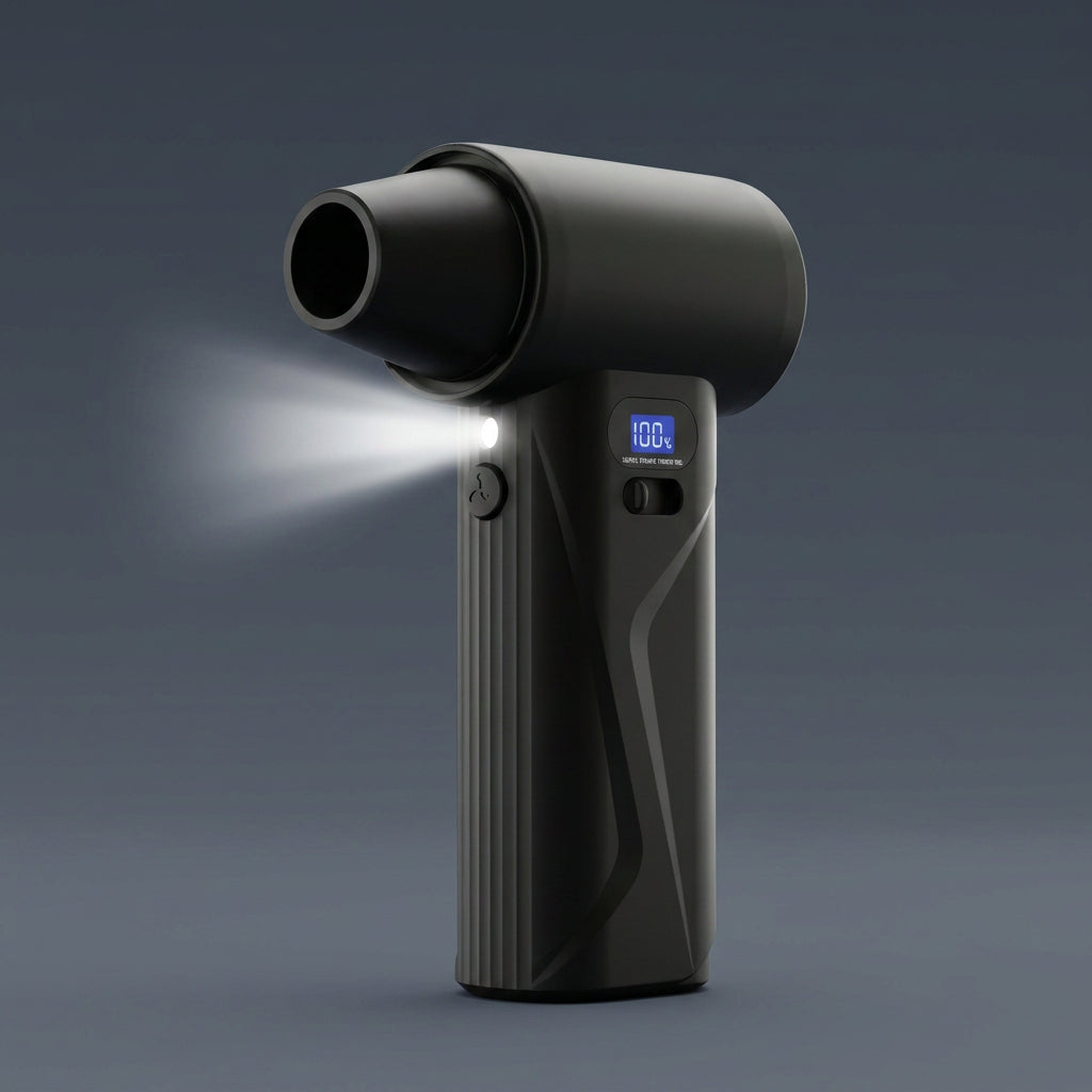 The AirBlast Pro cordless air duster with its built-in LED flashlight turned on, designed to illuminate dark spaces like PC cases and car interiors.