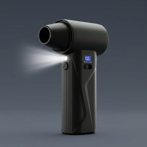 The AirBlast Pro cordless air duster with its built-in LED flashlight turned on, designed to illuminate dark spaces like PC cases and car interiors.